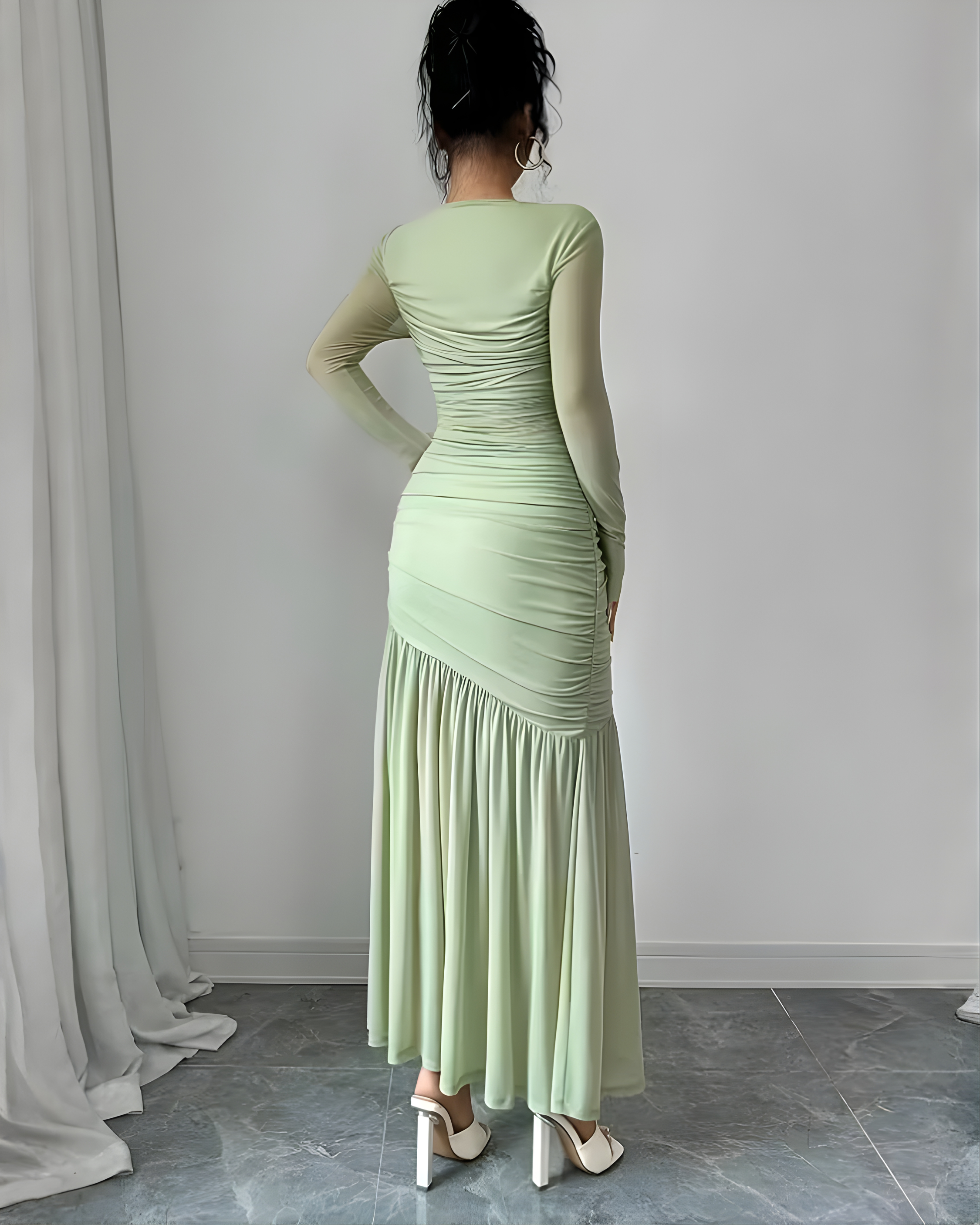 Solid Color Long Sleeve Sheer Mesh Dress-Green