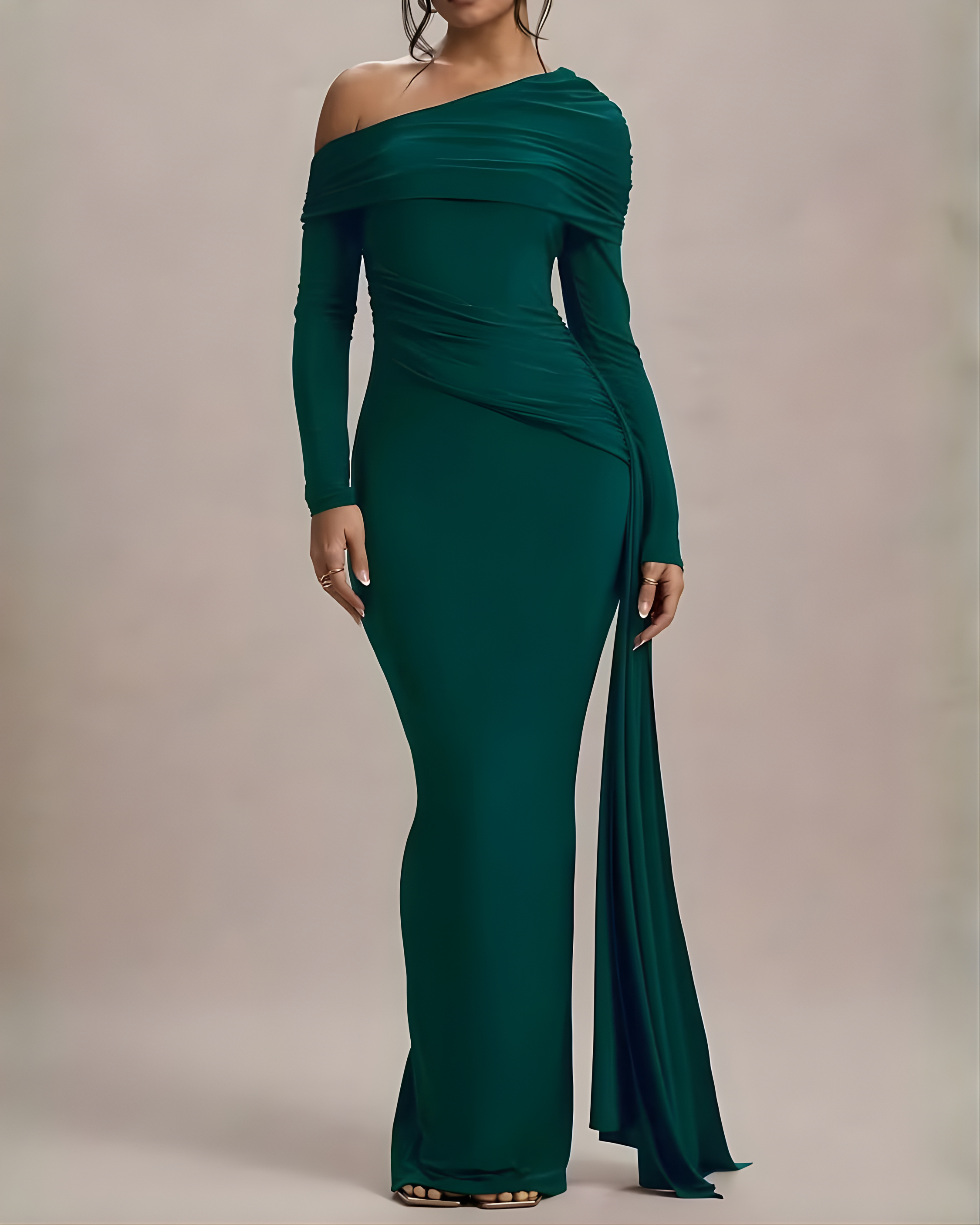 Asymmetrical Neck Draped Floor Length Slit Dress-Green