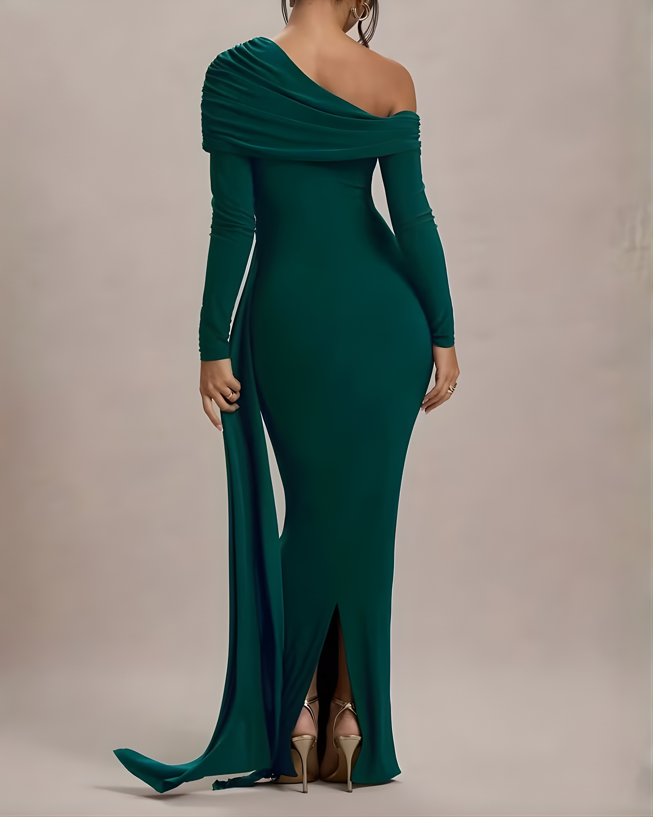 Asymmetrical Neck Draped Floor Length Slit Dress-Green