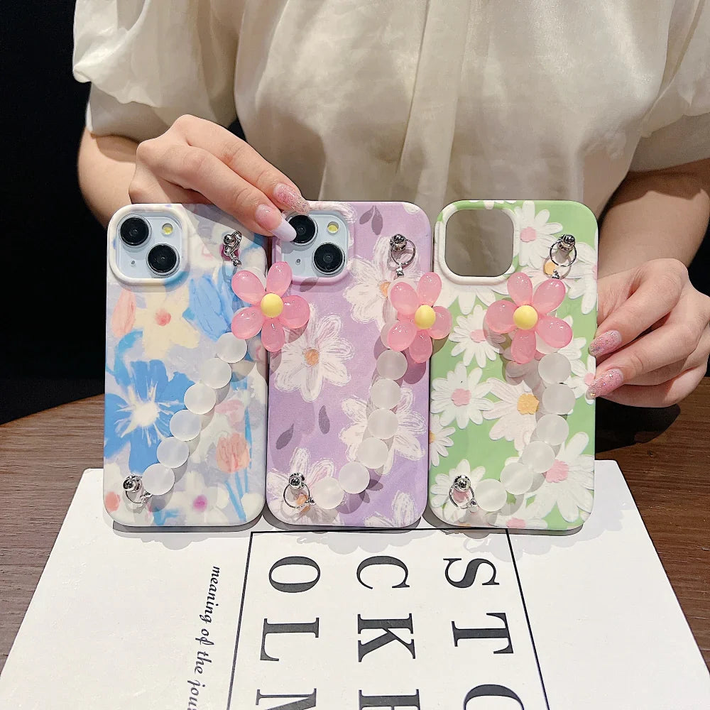 iPhone 12 Cover Flower Print Design Wrist Hand Strap TPU Soft Cases
