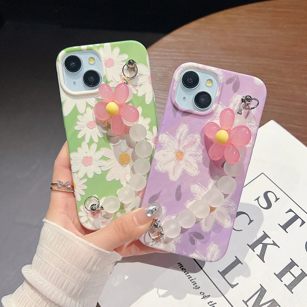 iPhone 13 Cover Flower Print Design Wrist Hand Strap TPU Soft Cases