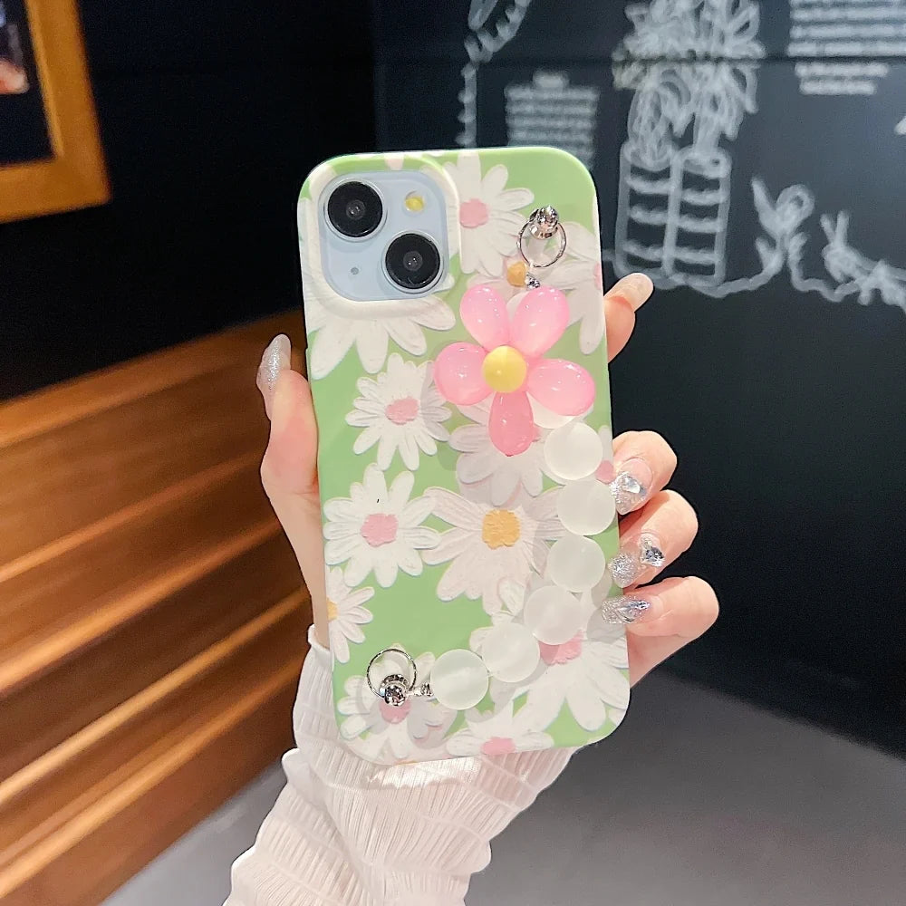 iPhone 14 Cover Flower Print Design Wrist Hand Strap TPU Soft Case
