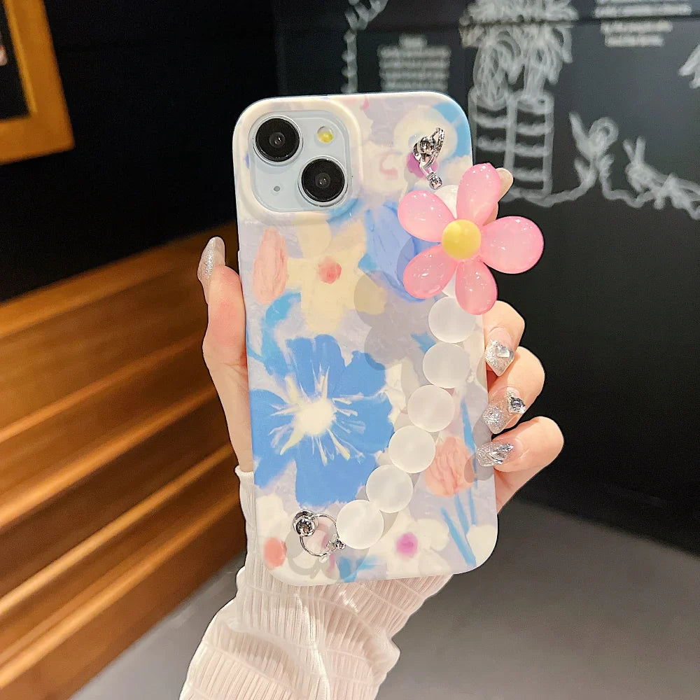 iPhone 14 Pro Max Cover Flower Print Design Wrist Hand Strap TPU Soft Case