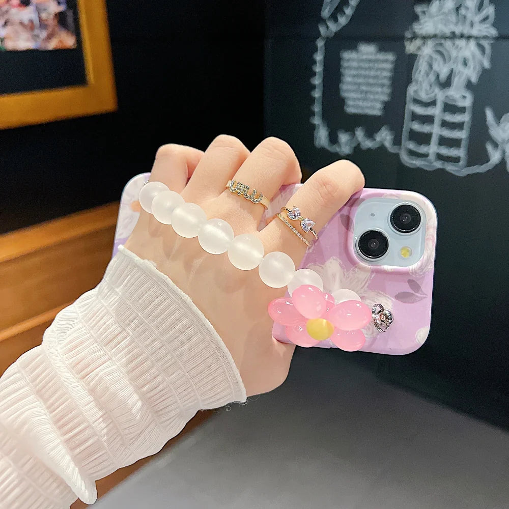 iPhone 16 Cover Flower Print Design Wrist Hand Strap TPU Soft Case
