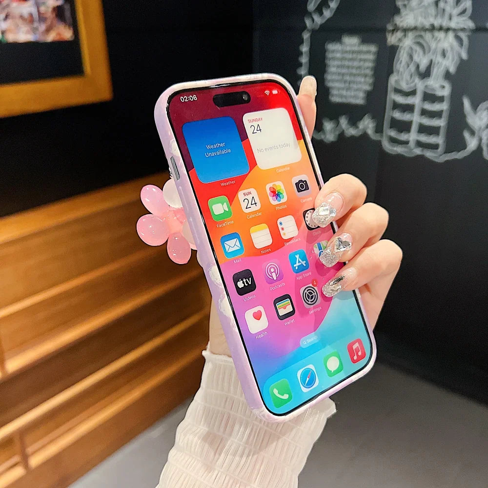iPhone 16 Pro Max Cover Flower Print Design Wrist Hand Strap TPU Soft Case